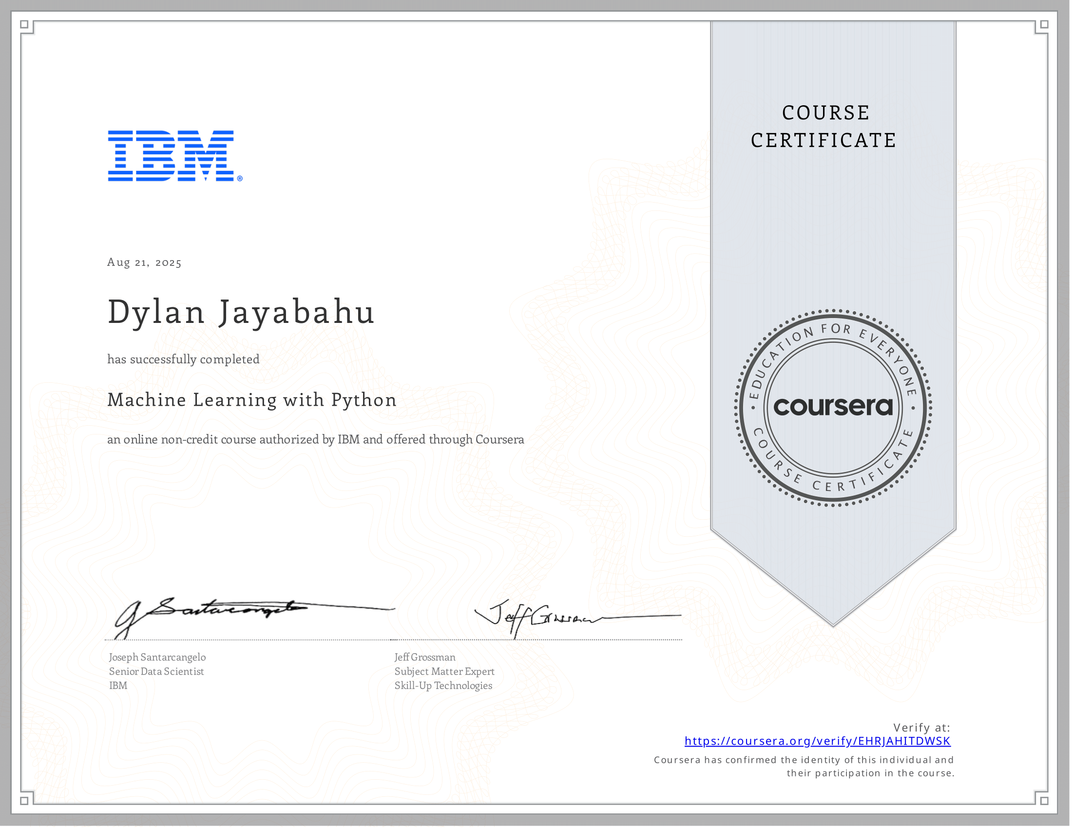 IBM Machine Learning with Python Certificate